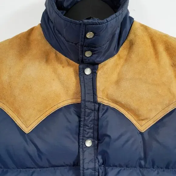 Vintage Woolrich Down Puffer Vest Suede Yoke Navy Brown Men’s Medium - Picture 4 of 11